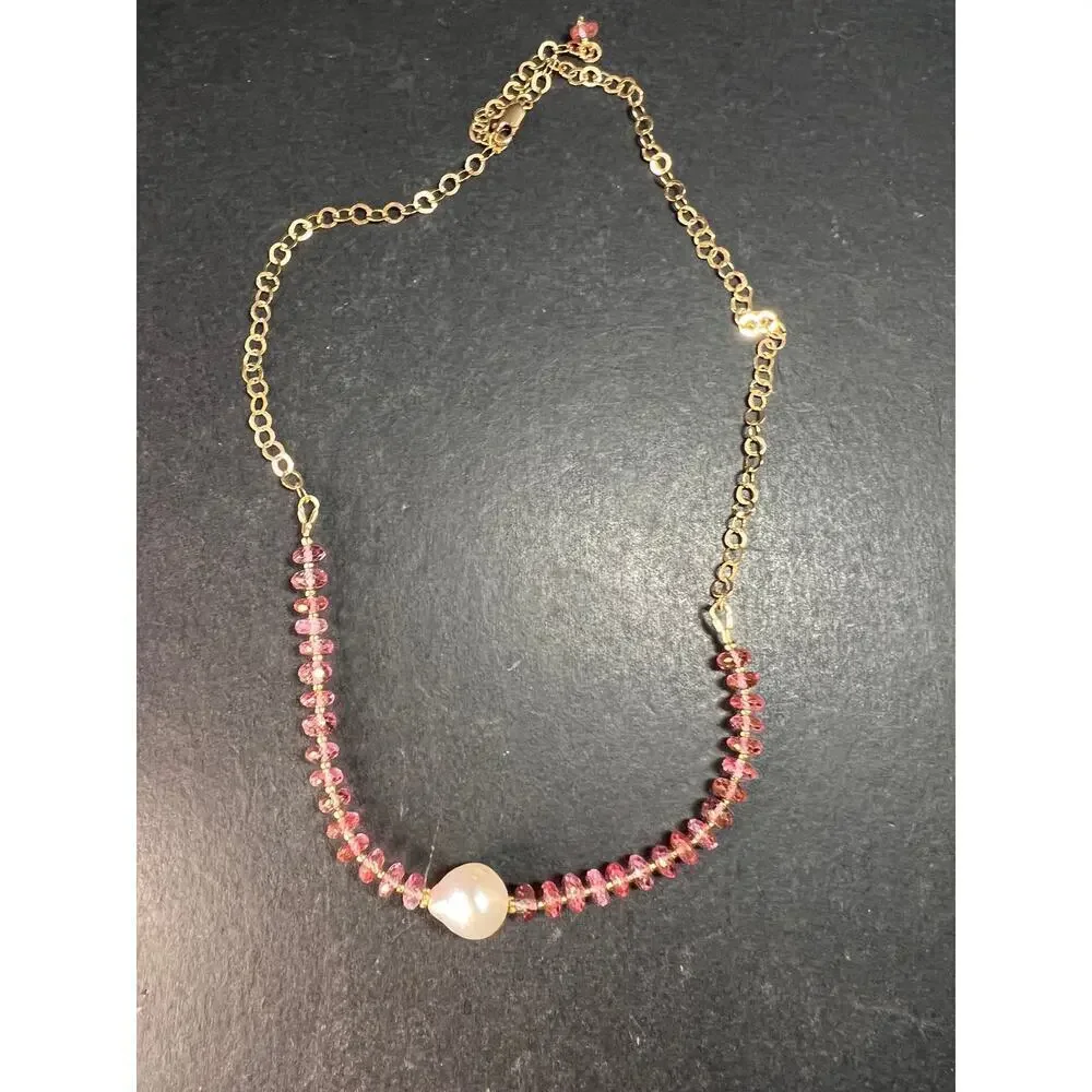 Gold Filled Necklace with Baroque Pearl and Pink Faceted Gemstone Beads
